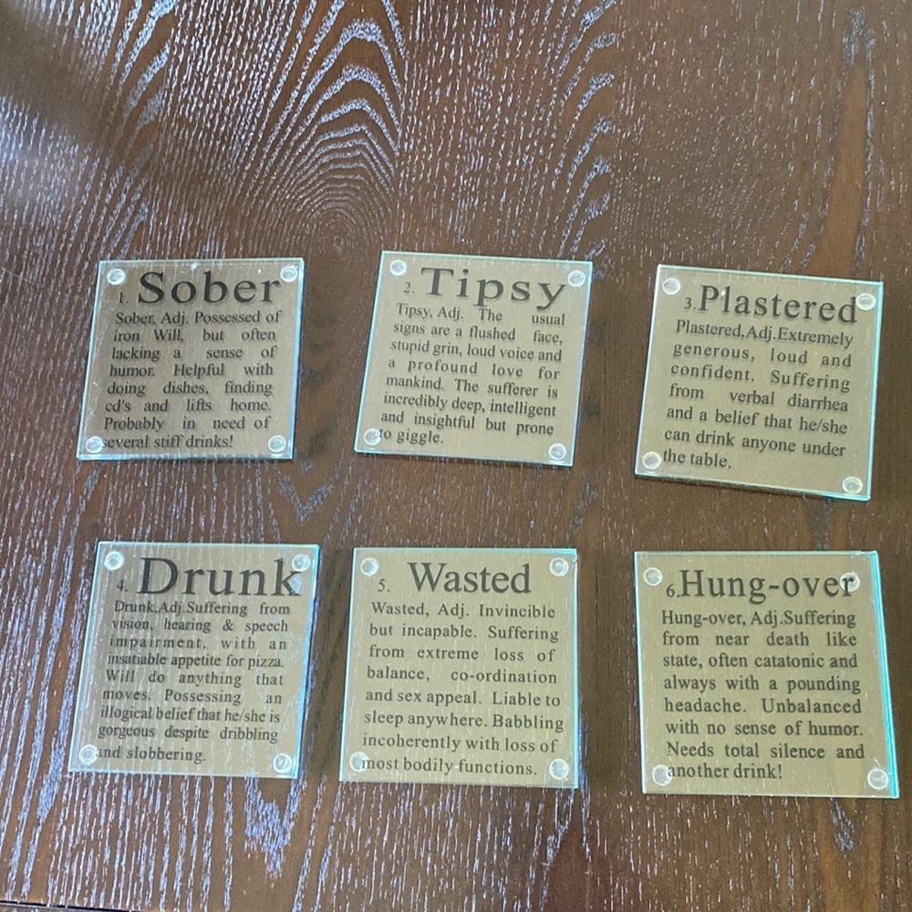 Bar Drink Coasters - Set of 6 - Glass 4” x 4”